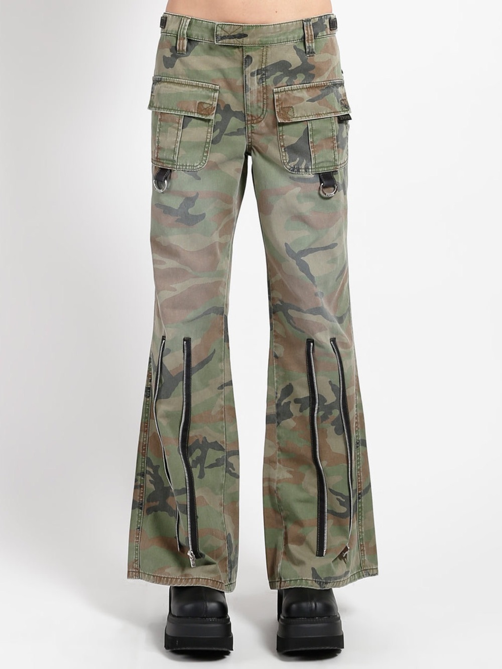 Tripp NYC Peace Camo Cargo Wide Flare Pants, Zippers, Olive Grunge 18 - Picture 3 of 16